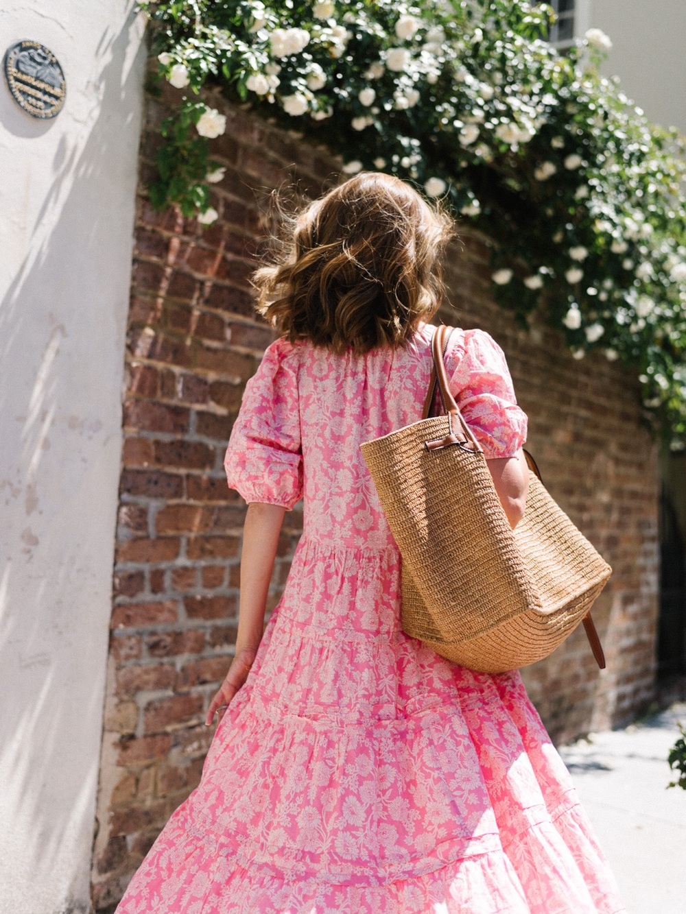 THE GREAT. Pink Floral Puff-Sleeve Tiered Midi Dress size medium size 2 - Picture 15 of 15